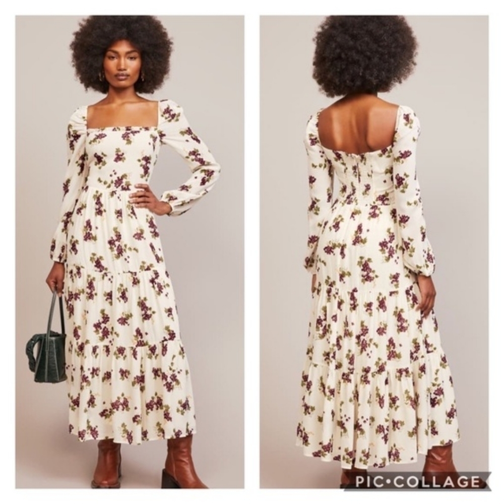 Reformation Cream Floral Tiered Midi Dress With Burgundy Flowers
